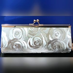 Elegant Silver Rose Print Clutch Purse